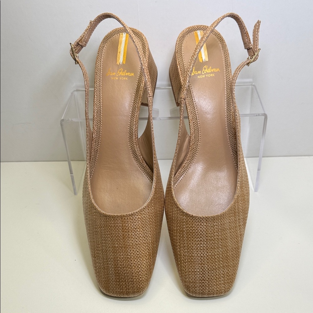 Sam Edelman Terra Tan Woven Slingback Block Heels - Picture 2 of 9
